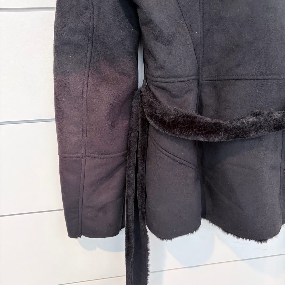 GUESS Faux Fur Belted Moto Jacket Black Y2K Glam Gothic Lace Mobwife M Upcycle - Picture 14 of 15